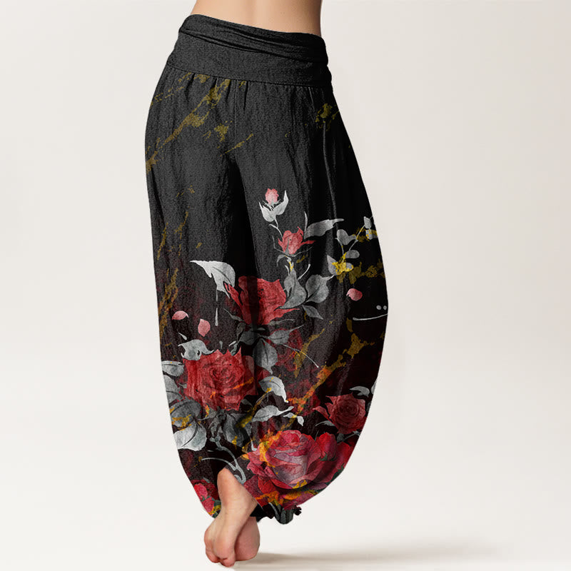 Nimara Ritual Cotton Blooming Roses Pattern Women's Elastic Waist Harem Pants