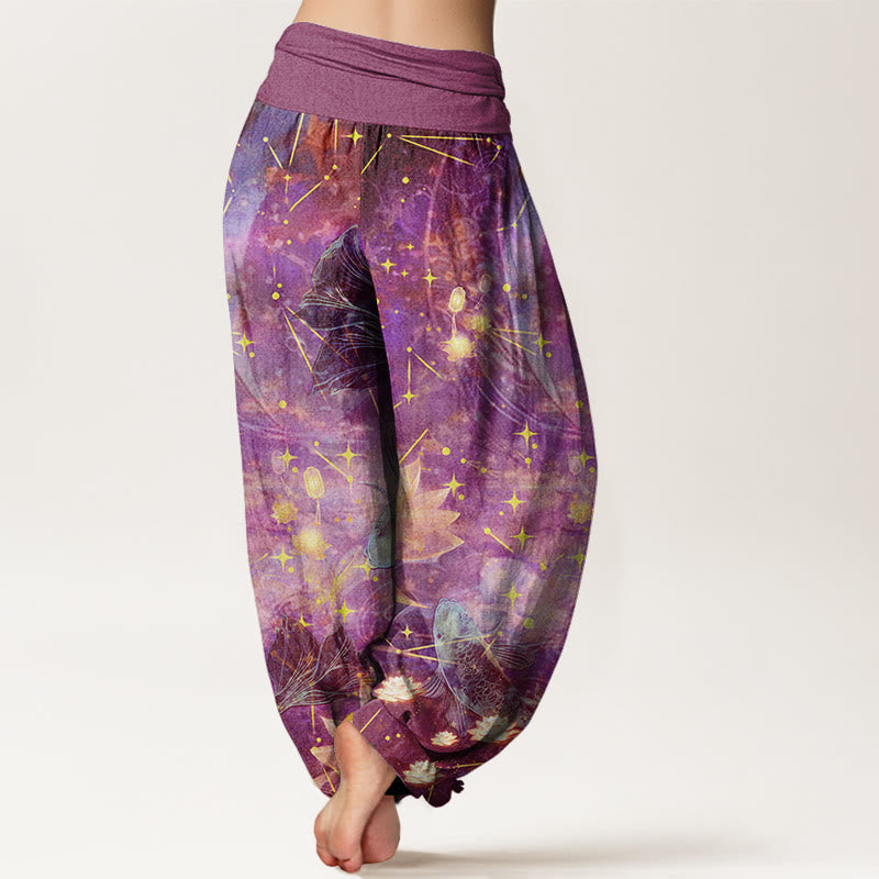 Nimara Ritual Cotton Koi Fish Lotus Moon Stars Pattern Women's Elastic Waist Harem Pants