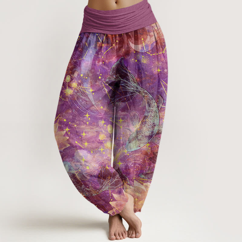 Nimara Ritual Cotton Koi Fish Lotus Moon Stars Pattern Women's Elastic Waist Harem Pants