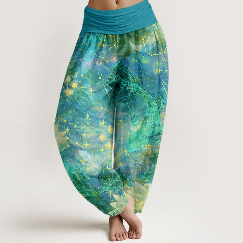 Nimara Ritual Cotton Koi Fish Lotus Moon Stars Pattern Women's Elastic Waist Harem Pants