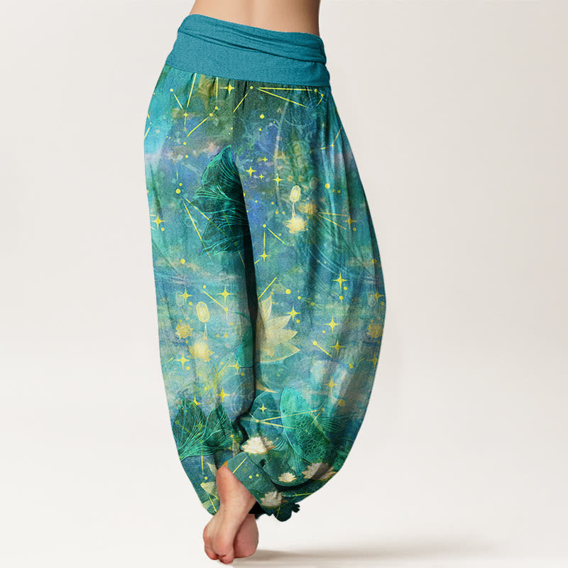 Nimara Ritual Cotton Koi Fish Lotus Moon Stars Pattern Women's Elastic Waist Harem Pants
