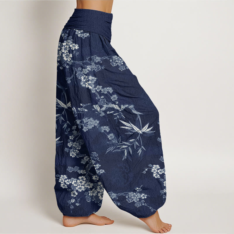 Nimara Ritual Cotton White Sakura Flower Pattern Women's Elastic Waist Harem Pants