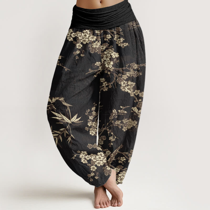 Nimara Ritual Cotton White Sakura Flower Pattern Women's Elastic Waist Harem Pants