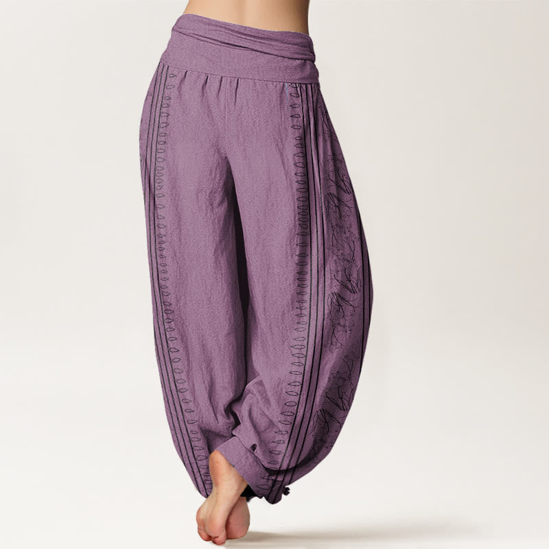 Nimara Ritual Cotton Dharma Wheel Lotus OM Pattern Women's Elastic Waist Harem Pants