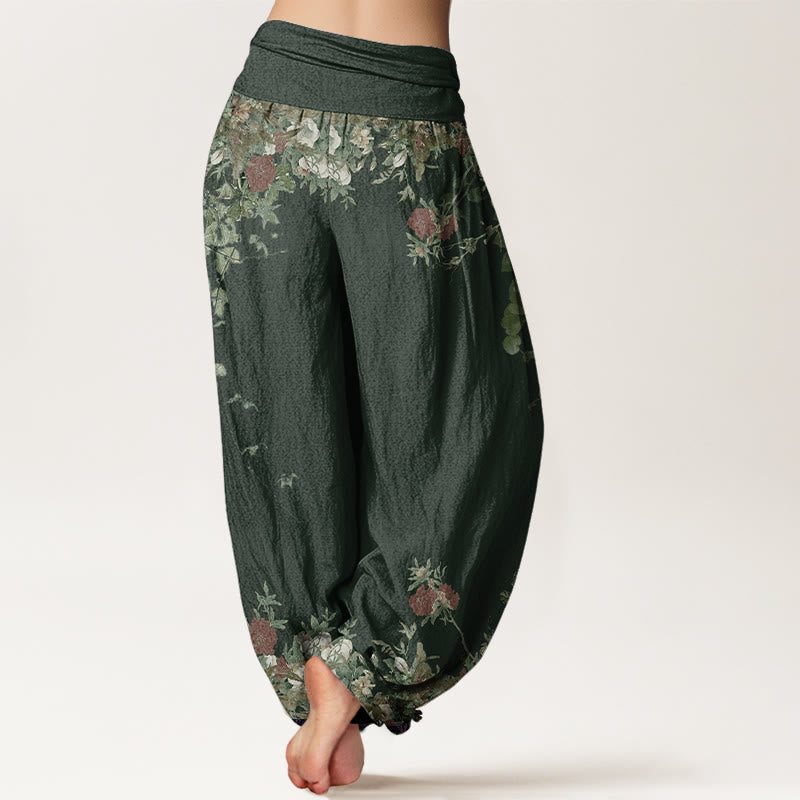 Nimara Ritual Cotton Casual Red Peony Flower Vine Design Women's Elastic Waist Harem Pants