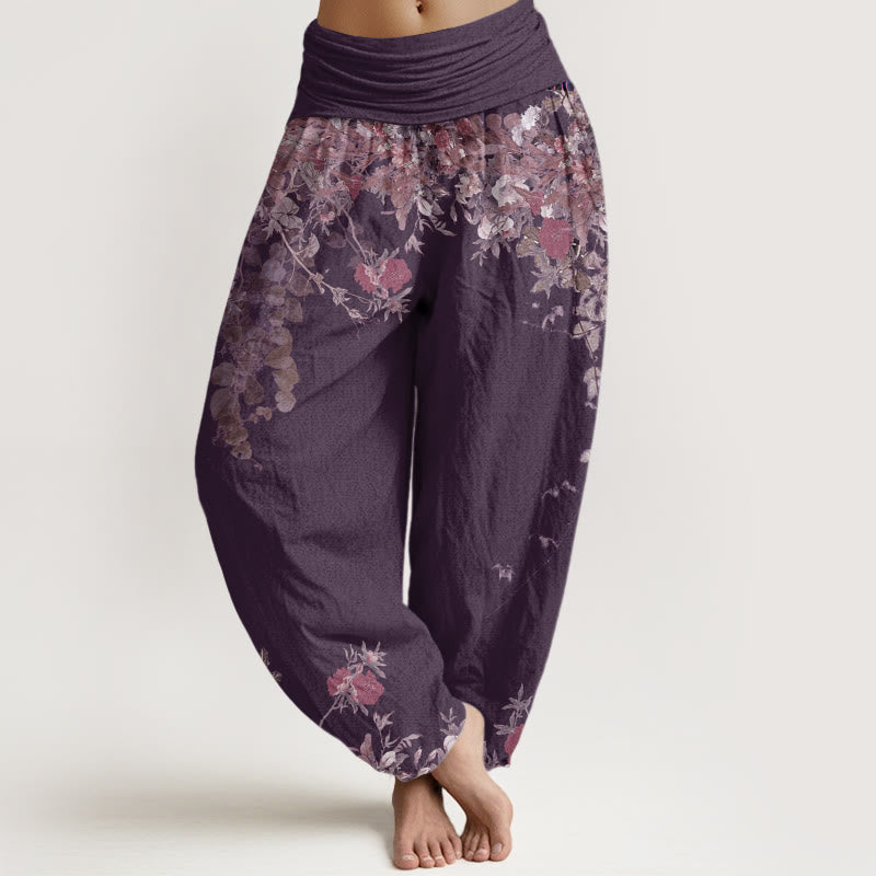 Nimara Ritual Cotton Casual Red Peony Flower Vine Design Women's Elastic Waist Harem Pants