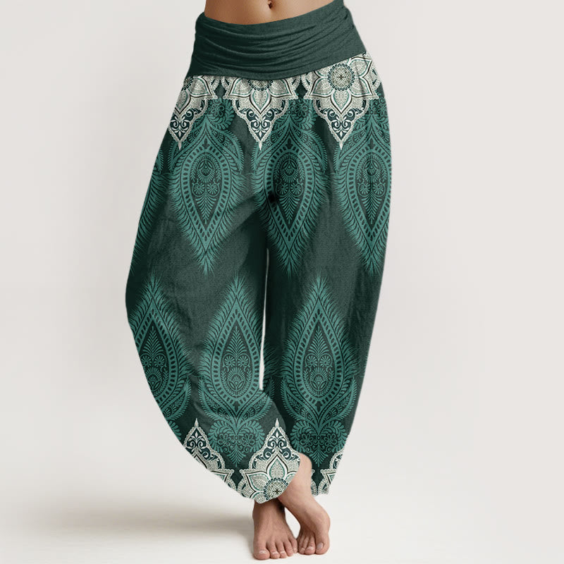 Nimara Ritual Cotton Casual Feather Flower Design Women's Elastic Waist Harem Pants