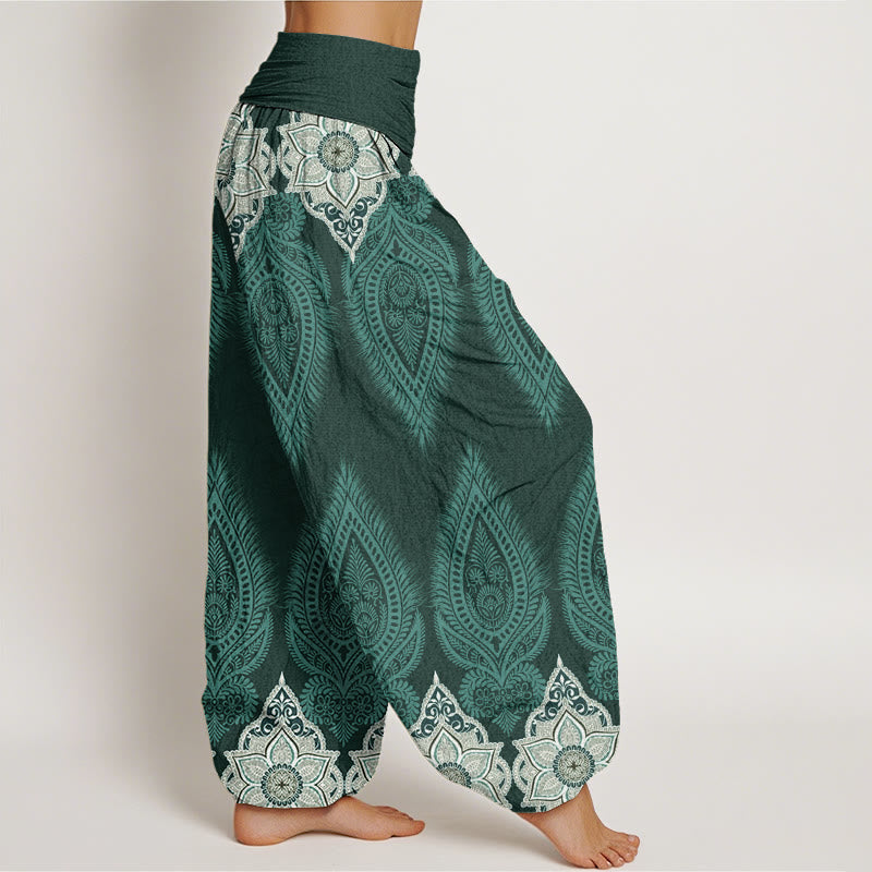 Nimara Ritual Cotton Casual Feather Flower Design Women's Elastic Waist Harem Pants
