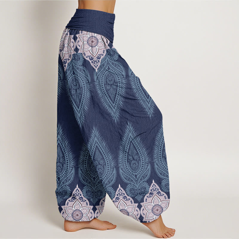 Nimara Ritual Cotton Casual Feather Flower Design Women's Elastic Waist Harem Pants