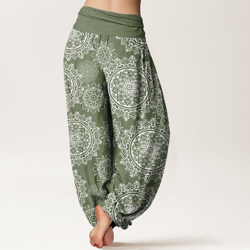 Nimara Ritual Cotton Casual White Mandala Flower Design Women's Elastic Waist Harem Pants