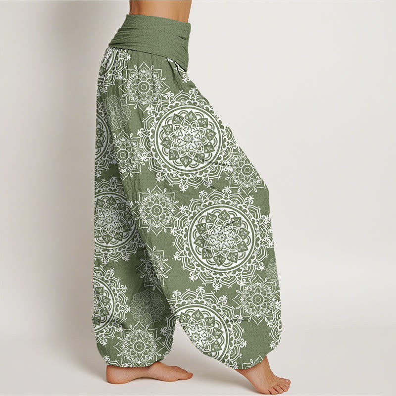 Nimara Ritual Cotton Casual White Mandala Flower Design Women's Elastic Waist Harem Pants