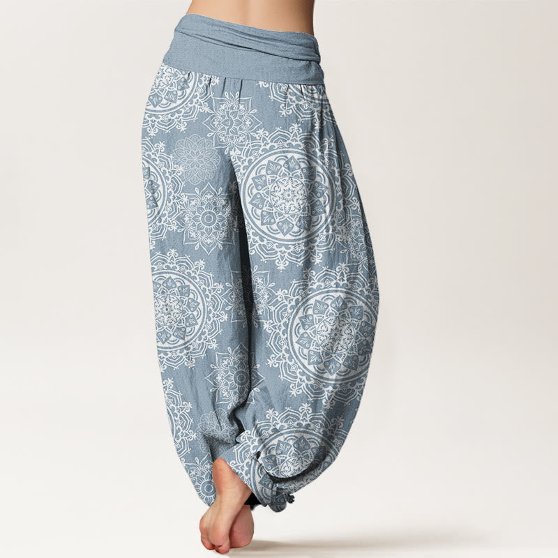 Nimara Ritual Cotton Casual White Mandala Flower Design Women's Elastic Waist Harem Pants