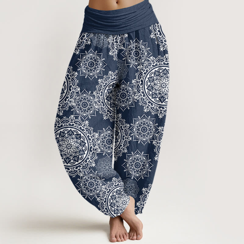 Nimara Ritual Cotton Casual White Mandala Flower Design Women's Elastic Waist Harem Pants