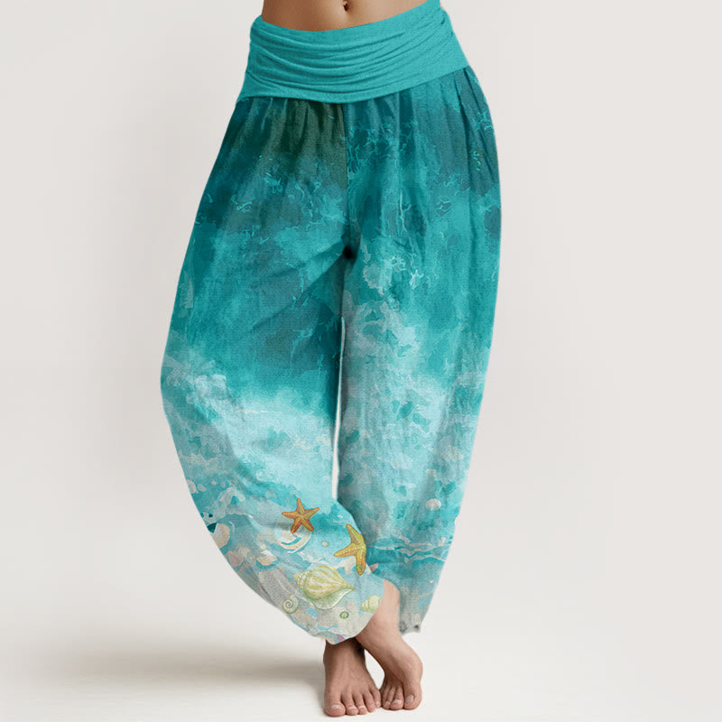 Nimara Ritual Cotton Vast Ocean Pattern Women's Elastic Waist Harem Pants