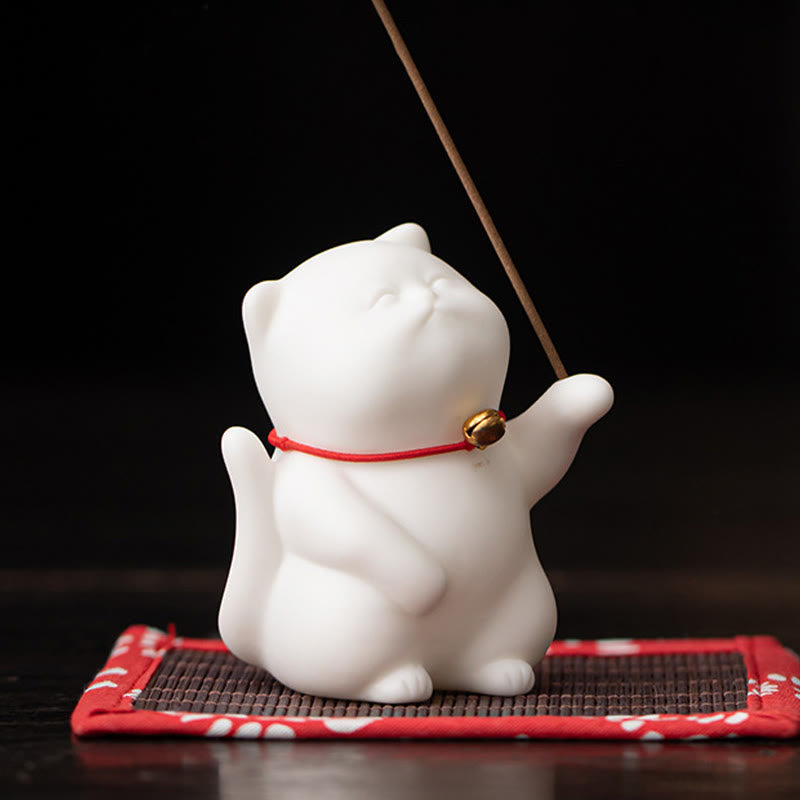 Nimara Ritual Cat Bell Bamboo Mat Healing Ceramic Incense Burner Desk Decoration