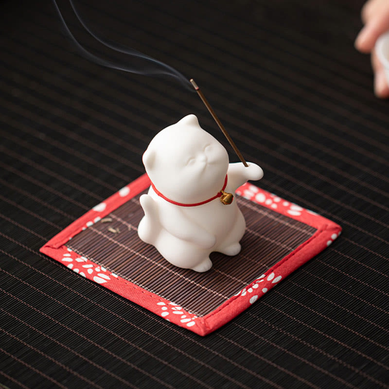Nimara Ritual Cat Bell Bamboo Mat Healing Ceramic Incense Burner Desk Decoration
