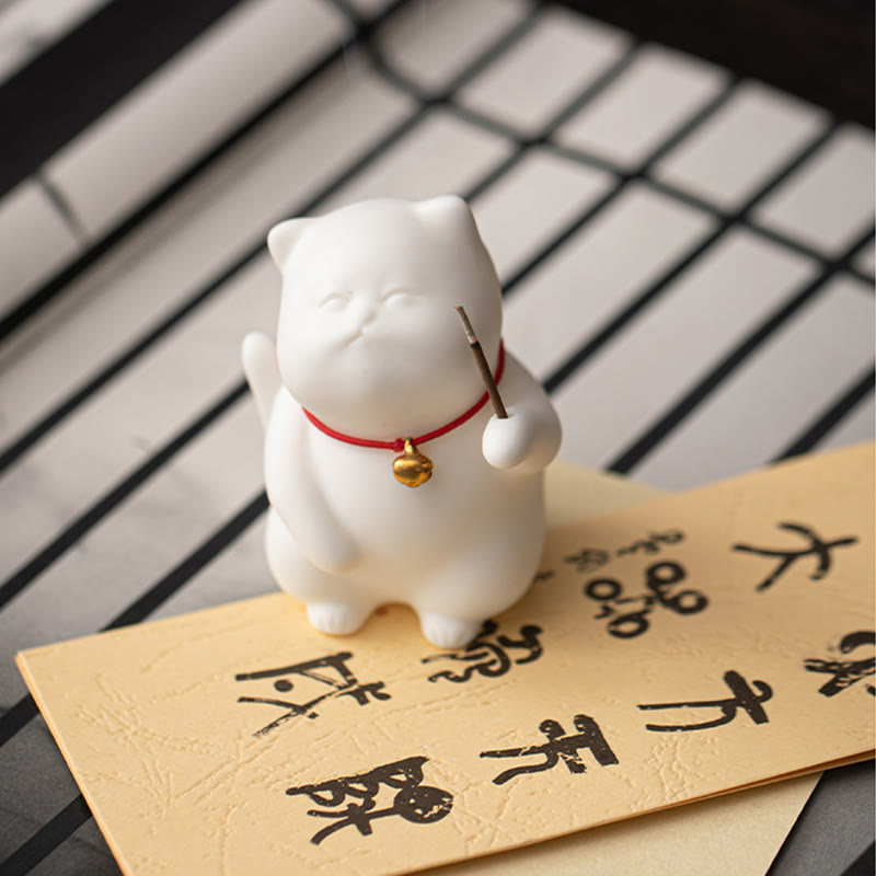 Nimara Ritual Cat Bell Bamboo Mat Healing Ceramic Incense Burner Desk Decoration