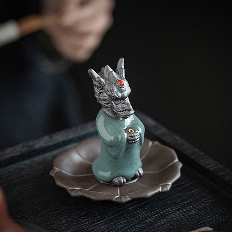 Nimara Ritual Praying Dragon King Lotus Base Fu Character Ceramic Healing Incense Burner Desk Decoration