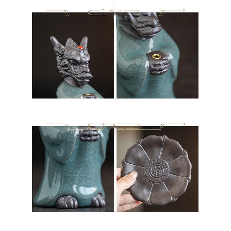 Nimara Ritual Praying Dragon King Lotus Base Fu Character Ceramic Healing Incense Burner Desk Decoration