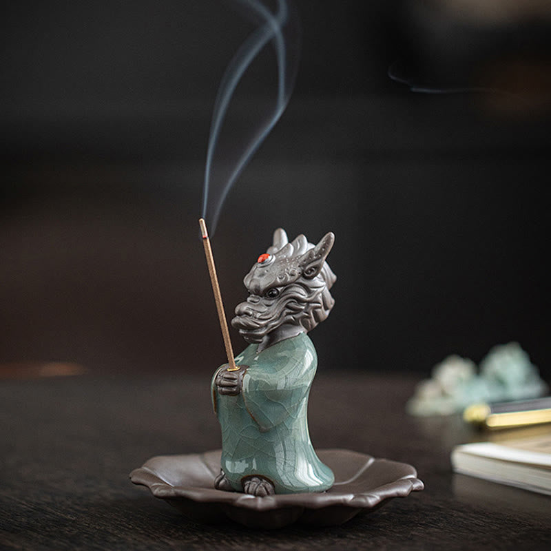 Nimara Ritual Praying Dragon King Lotus Base Fu Character Ceramic Healing Incense Burner Desk Decoration