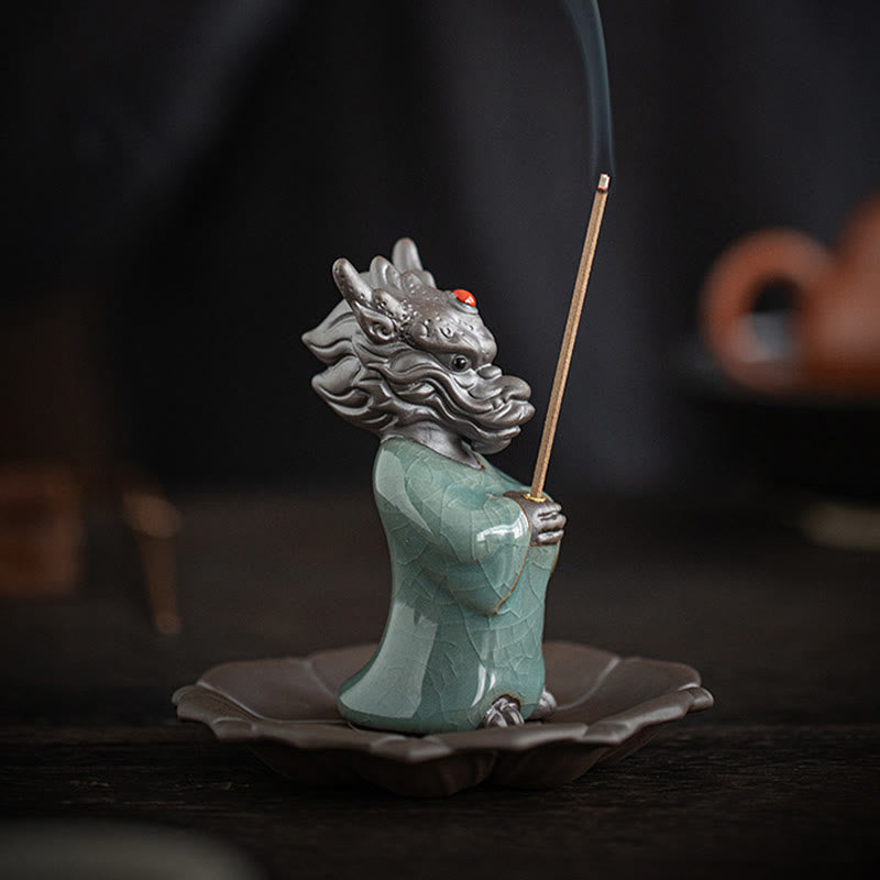 Nimara Ritual Praying Dragon King Lotus Base Fu Character Ceramic Healing Incense Burner Desk Decoration