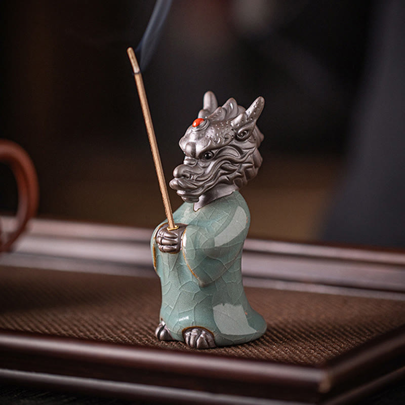 Nimara Ritual Praying Dragon King Lotus Base Fu Character Ceramic Healing Incense Burner Desk Decoration