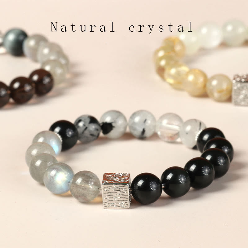Nimara Ritual Black Obsidian Black Rutilated Quartz Moonstone Cube Strength Bracelet