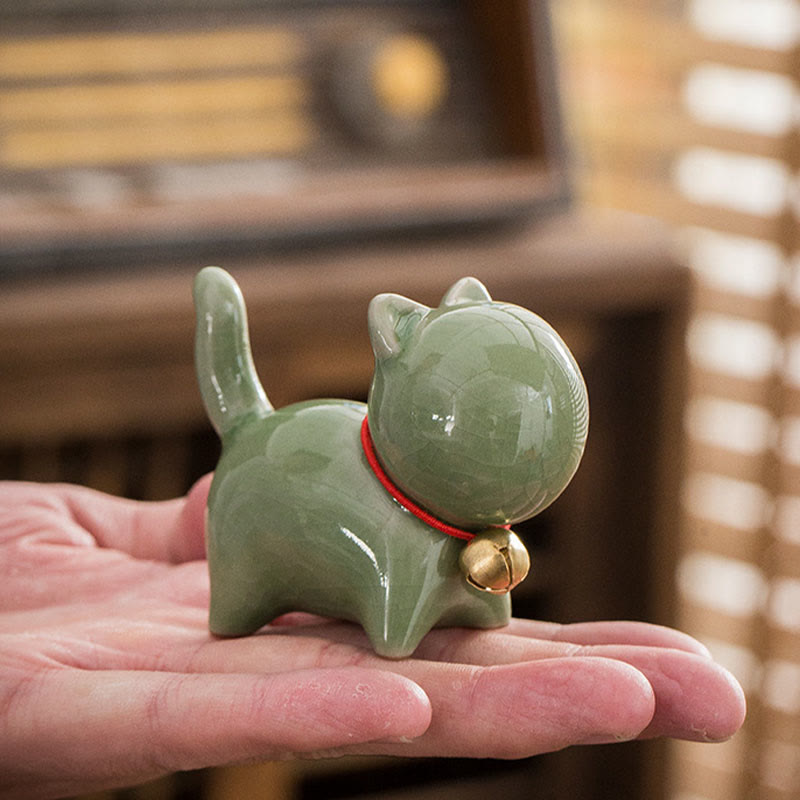 Nimara Ritual Mini Cute Lucky Bell Cat Tea Pet Ceramic Home Desk Figurine Decoration