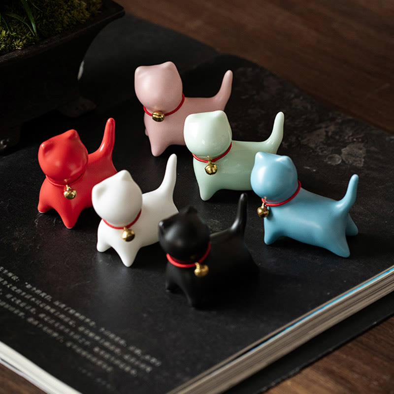 Nimara Ritual Mini Cute Standing Lying Cat Tea Pet Ceramic Home Desk Figurine Decoration