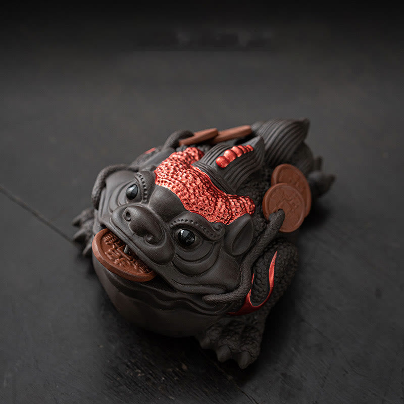 Nimara Ritual Feng Shui Frog Toad Copper Coins Ceramic Purple Clay Wealth Home Tea Pet Figurine Decoration