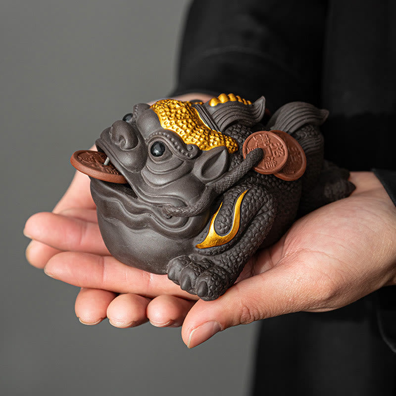 Nimara Ritual Feng Shui Frog Toad Copper Coins Ceramic Purple Clay Wealth Home Tea Pet Figurine Decoration