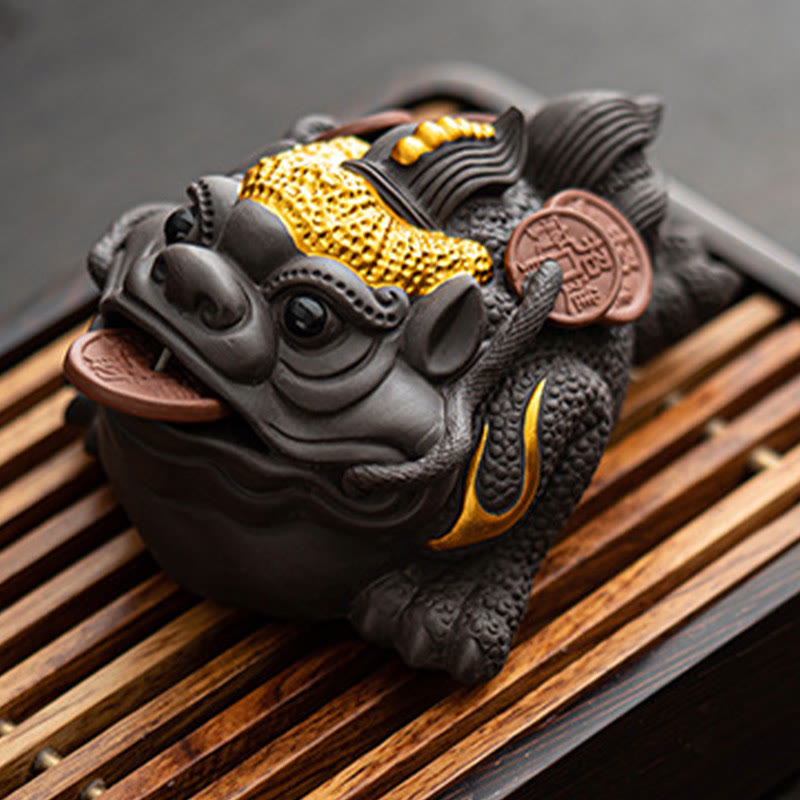 Nimara Ritual Feng Shui Frog Toad Copper Coins Ceramic Purple Clay Wealth Home Tea Pet Figurine Decoration