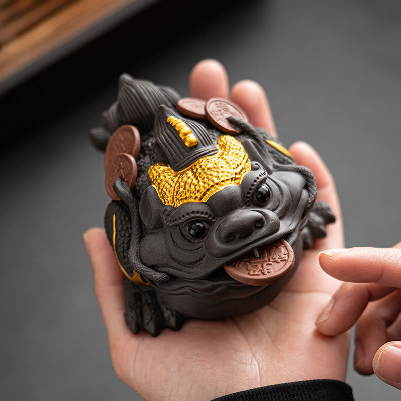 Nimara Ritual Feng Shui Frog Toad Copper Coins Ceramic Purple Clay Wealth Home Tea Pet Figurine Decoration