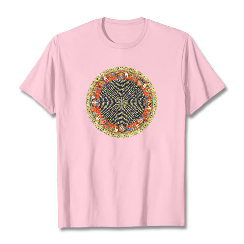 Nimara Ritual Circular Om Mani Padme Hum Eight Auspicious Symbols Cotton Tee T-shirt