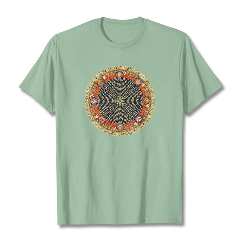 Nimara Ritual Circular Om Mani Padme Hum Eight Auspicious Symbols Cotton Tee T-shirt