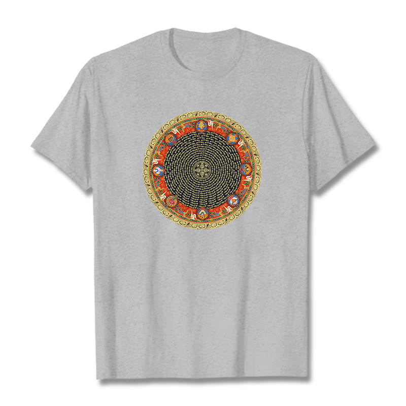 Nimara Ritual Circular Om Mani Padme Hum Eight Auspicious Symbols Cotton Tee T-shirt