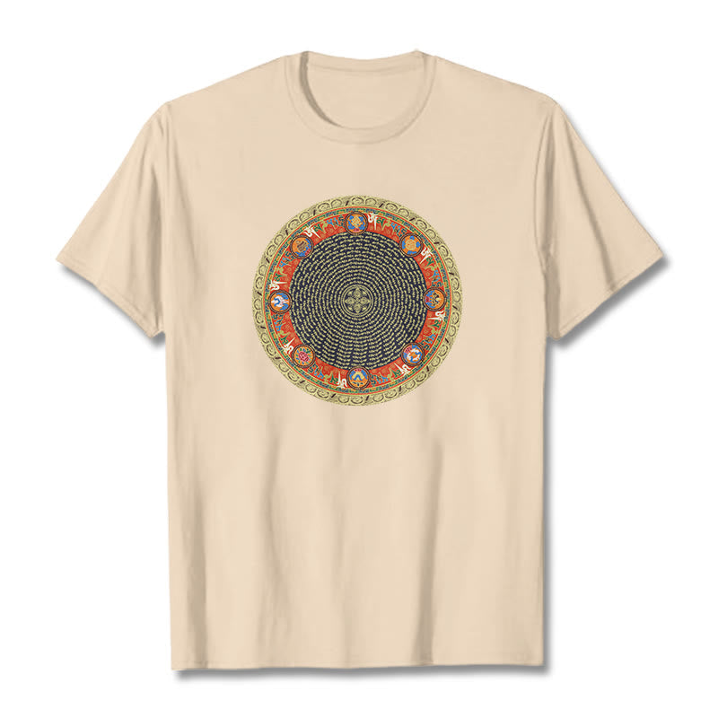 Nimara Ritual Circular Om Mani Padme Hum Eight Auspicious Symbols Cotton Tee T-shirt