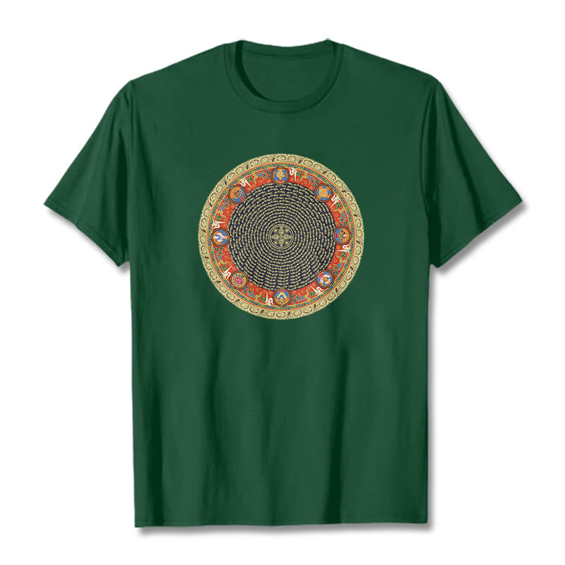 Nimara Ritual Circular Om Mani Padme Hum Eight Auspicious Symbols Cotton Tee T-shirt