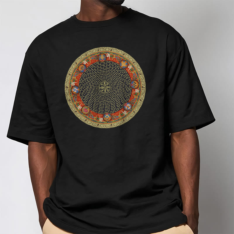 Nimara Ritual Circular Om Mani Padme Hum Eight Auspicious Symbols Cotton Tee T-shirt