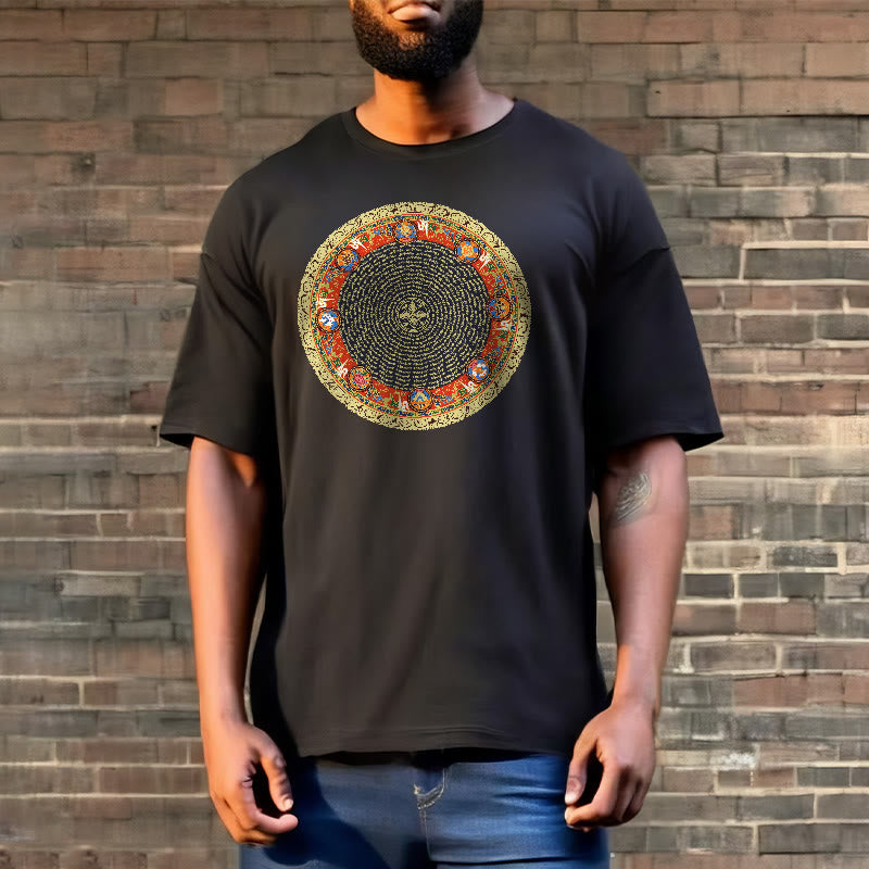 Nimara Ritual Circular Om Mani Padme Hum Eight Auspicious Symbols Cotton Tee T-shirt
