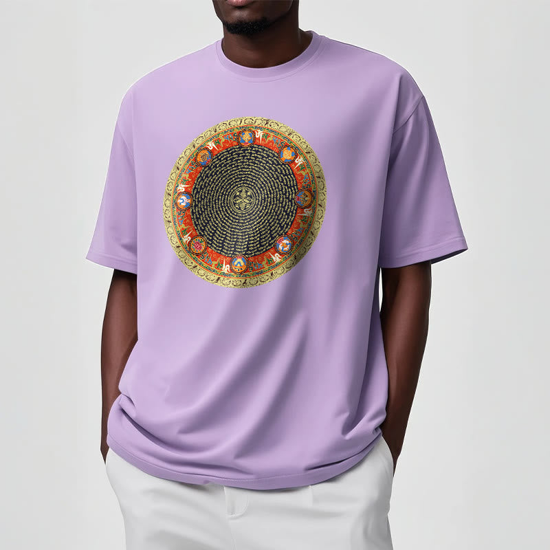 Nimara Ritual Circular Om Mani Padme Hum Eight Auspicious Symbols Cotton Tee T-shirt