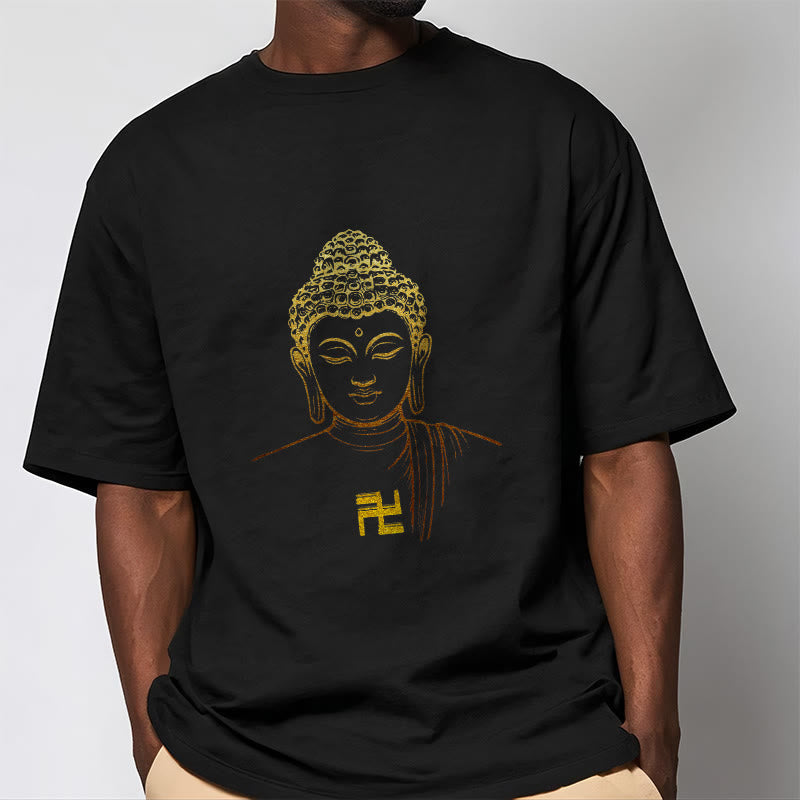 Nimara Ritual Swastika Pattern Golden Buddha Cotton Tee T-shirt