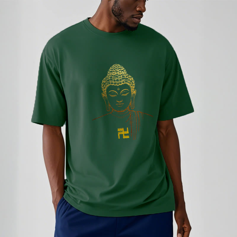 Nimara Ritual Swastika Pattern Golden Buddha Cotton Tee T-shirt
