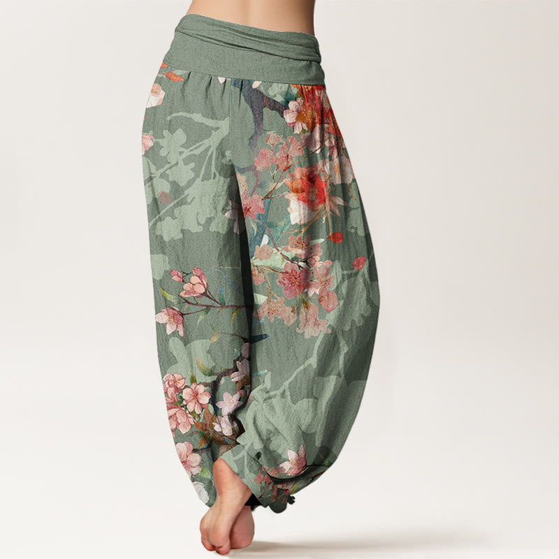 Nimara Ritual Cotton Red Pink Blooming Flowers Lush Branches Women's Elastic Waist Harem Pants