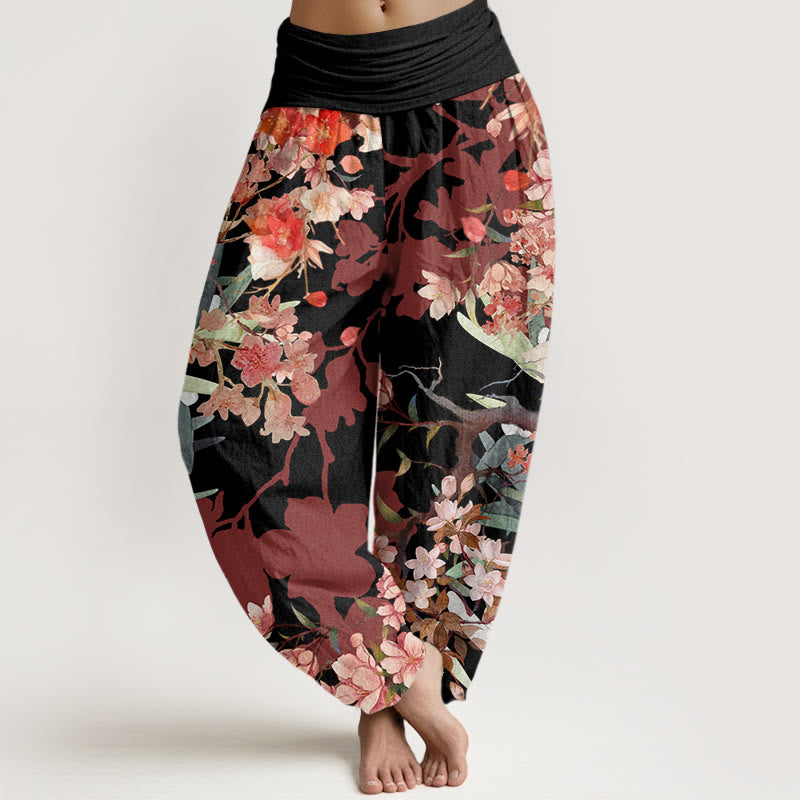 Nimara Ritual Cotton Red Pink Blooming Flowers Lush Branches Women's Elastic Waist Harem Pants