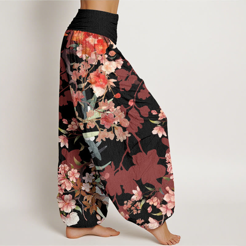 Nimara Ritual Cotton Red Pink Blooming Flowers Lush Branches Women's Elastic Waist Harem Pants