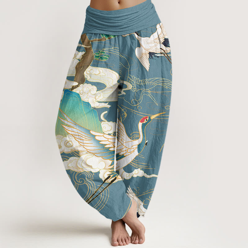 Nimara Ritual Cotton Flying Cranes Auspicious Clouds Tree women's Elastic Waist Harem Pants