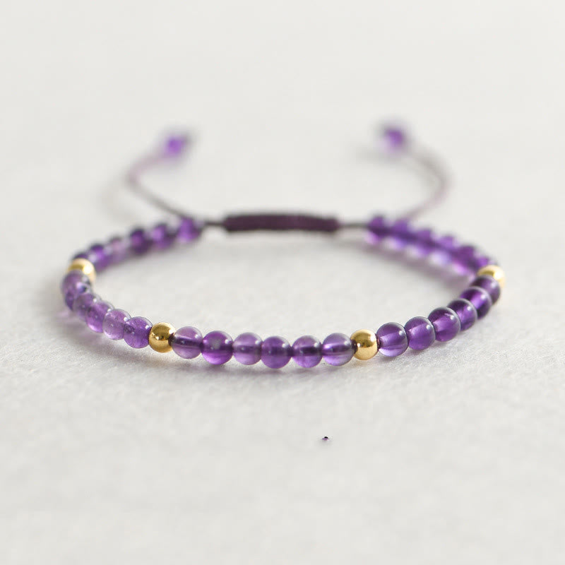 Nimara Ritual 4mm Handmade Natural Amethyst 14k Gold Plated Copper Beads Braided String Relieves Stress Bracelet