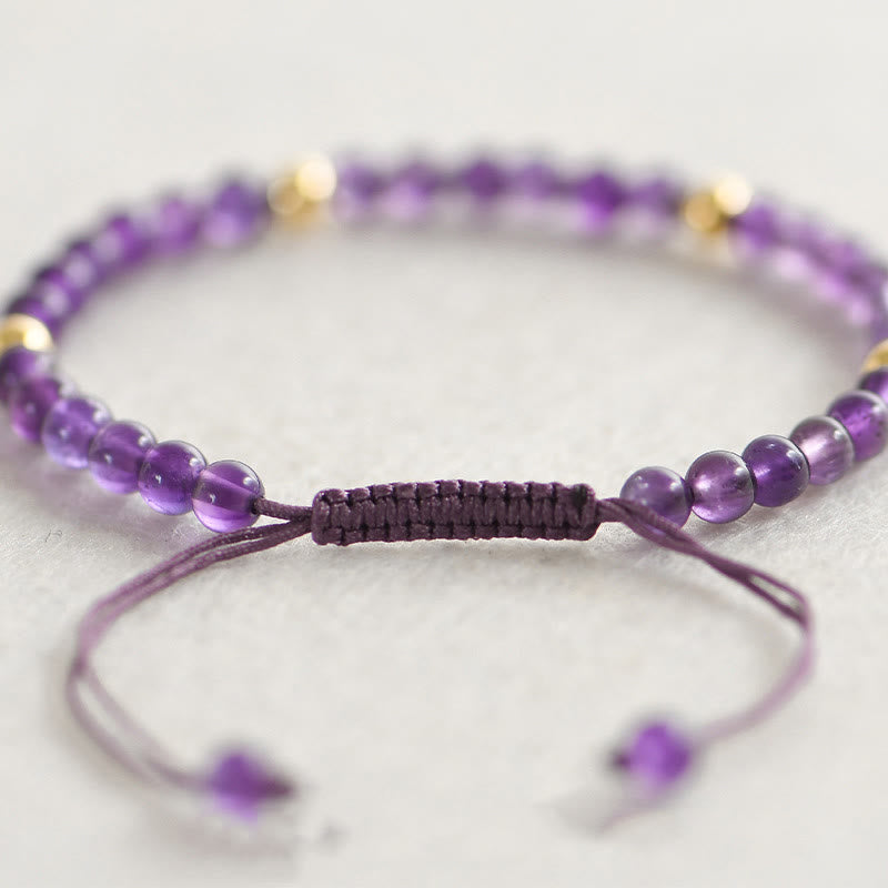 Nimara Ritual 4mm Handmade Natural Amethyst 14k Gold Plated Copper Beads Braided String Relieves Stress Bracelet