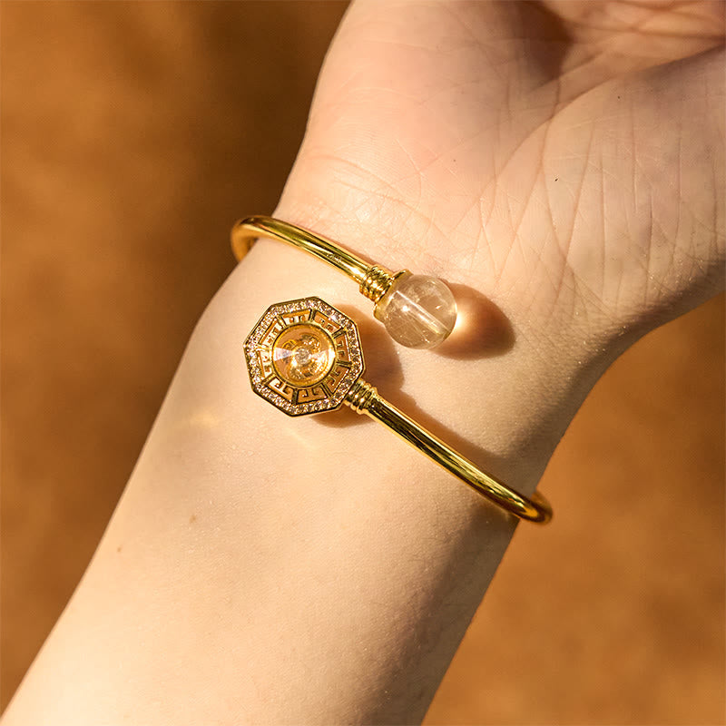 Nimara Ritual Rutilated Quartz Copper Brass Rotatable Windmill Feng Sheng Shui Qi Courage Bracelet Bangle